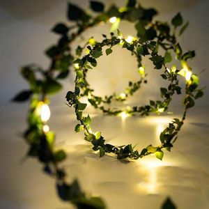 2M 20LED Flor de rosa Hoja verde Cortina Puerta Lámpara de hadas Guirnalda Cobre LED Batería Funciona para fiesta en casa Decoración del festival de bodas