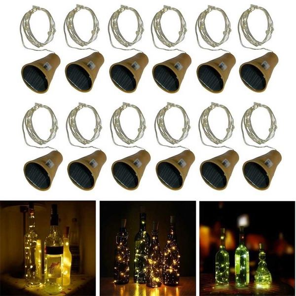 2M 20LEDs Solaire Bouteille De Vin Guirlande Lumineuse Solaire Fil De Cuivre Guirlande Lumineuse Forme De Liège Lampe De Noël Pour La Fête De Mariage Jardin Décor 211109