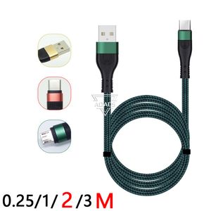 2m/6ft 3a snellaadkabels Type C Telefoongegevenskabel USB Micro Metal Shell Nylon gevlochten kabel