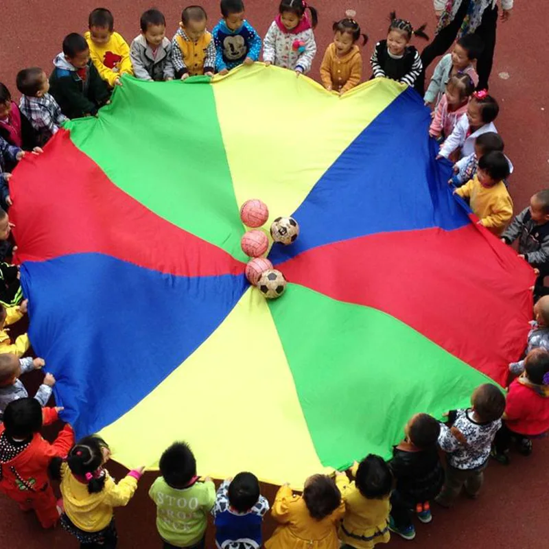 2M/6M Diameter Kids Outdoor Teamwork Game Prop Rainbow Parachute Toys Jump Bag Bounce Play Mat School Activity Puzzle Game