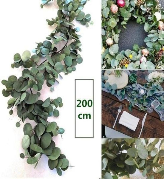Guirnalda de eucalipto Artificial de 2m, plantas de hojas de eucalipto de seda larga, vegetación, telón de fondo de boda, arco de follaje, decoración de pared 7831943