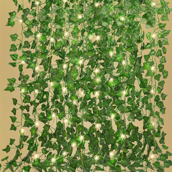 Lierre artificiel de 2 m, fausses vignes avec 200 LED, guirlande lumineuse à feuilles suspendues, pour chambre, jardin, bureau, mariage, décoration murale