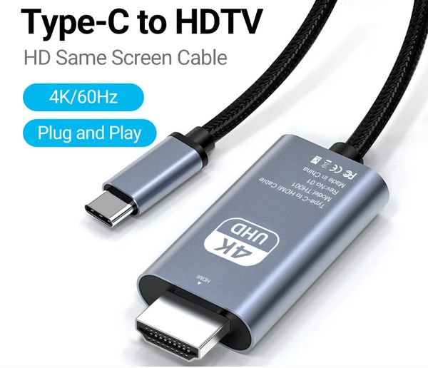 Cable USB C a HDMI de 2m 4K60Hz 6.6 FT Ultra Alta Definición 1080p USB 3.1 Tipo C Convertidor HDMI Cable de fundición de Pantalla para Oficina en casa