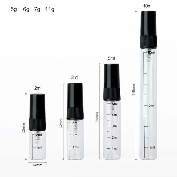 2 ml 3 ml 5 ml 10 ml Escala Botellas de perfume de vidrio Aceite esencial Líquido Muestra vacía Tubos de ensayo Viales Claro Negro Blanco Tapón de plástico Embalaje cosmético Botella de prueba