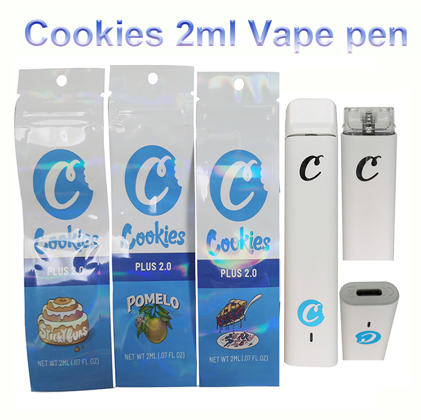 2ml Cookies Disposable Vape Pen Packaging Bags Flat Pens Cartridges E cigarettes Pod Thick Oil Carts Atomizer USB Rechargeable 350mah Battery Snap in Tip Vaporizer