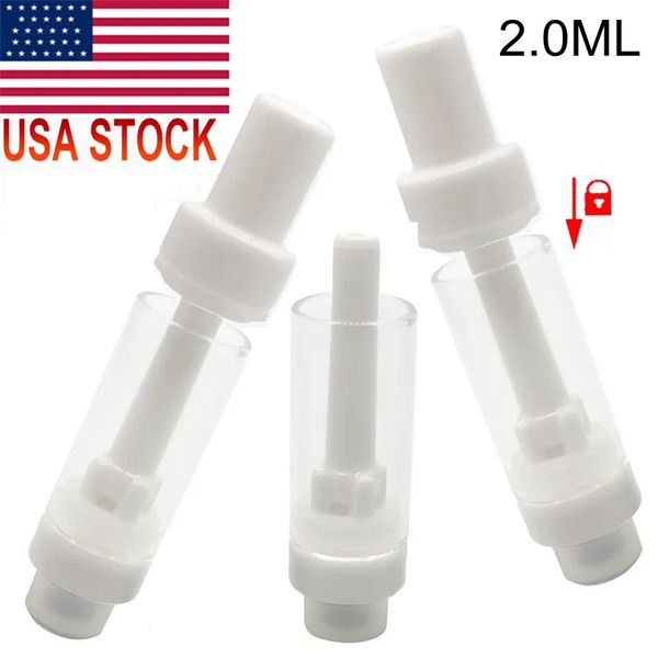 Cartouches de vape 2ML 510 fil blanc chariots de vaporisateur vides atomiseur en céramique complète bobine en céramique appuyez sur la pointe réservoir en verre embout en céramique goût pur USA STOCK 400 pièces/lot