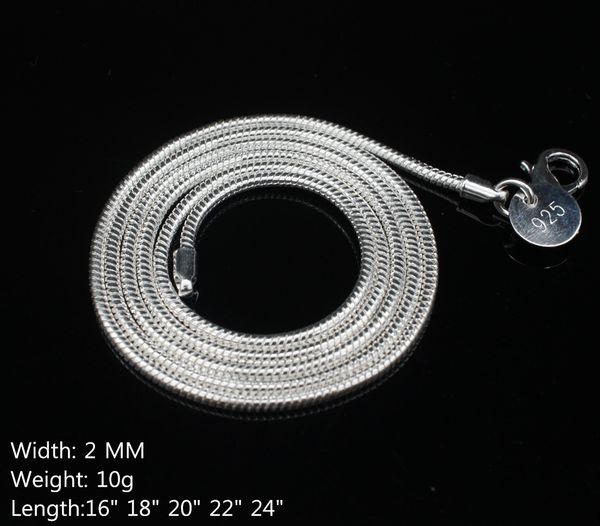 2 MM 925 plata esterlina serpiente lisa Cadenas Collares Para mujeres Moda Broche de langosta Joyería Señoras cadena Tamaño 16-24 pulgadas barato Venta al por mayor