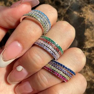 2 mm kleurrijke diamanten band designer ringen voor vrouw luxe 925 sterling zilver enkele rij 5A zirkonia blauw rood roze bruiloft verlovingsring vriend geschenkdoos maat 5-9