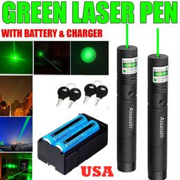 2PACK 100 Miles Militaire 532nm Groene Laser Pointer Pen Astronomie 1 mw Krachtig Kat Speelgoed Instelbare Focus Lazer + 2x18650 Batterij + Dubbele Oplader