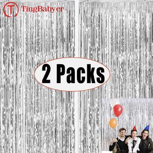 2Pack 1X2M argent métallisé feuille clinquant frange rideau toile de fond anniversaire mariage Bachelorette fête décoration adulte anniversaire