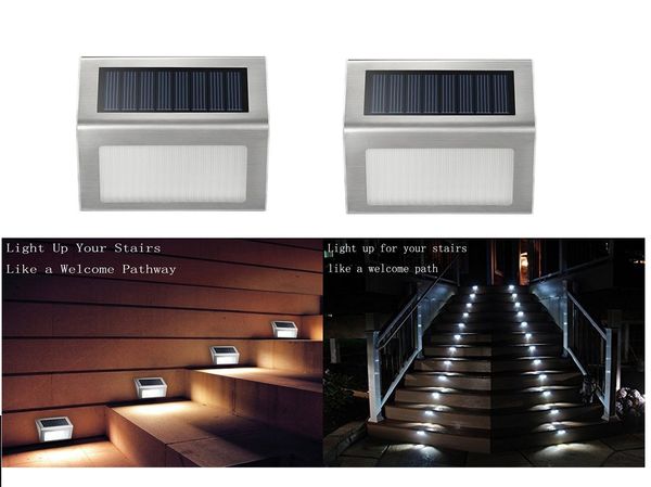 Lot de 2 lampes solaires pour terrasse, 3 LED à énergie solaire pour marches, éclairage extérieur en acier inoxydable pour marches, chemins, escalier de terrasse, marche/arrêt automatique, étanche