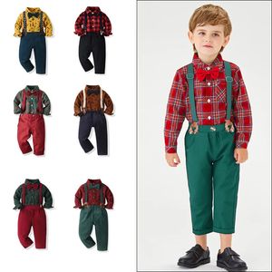 2pc Baby Boy Tenue formelle Plaid Christmas Gentlemen Robe à manches longues Pantalon Green Strap Green Party Costume 231227