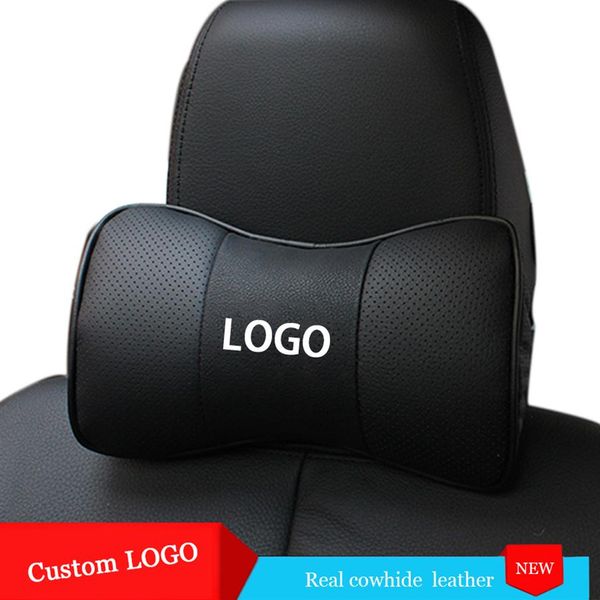 Cojín para asiento de coche en forma de hueso de cuero genuino deportivo para coche, protección para el cuello, reposacabezas, cojín cómodo, patrón de logotipo personalizado 299d, 2 uds.