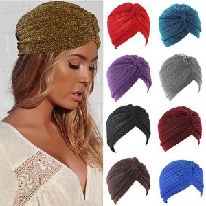 2 PC bandeaux femmes brillant argent or noeud torsion Turban bandeaux casquette automne hiver chaud chapeaux décontracté Streetwear femme musulman indien chapeaux Y23