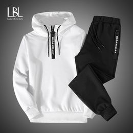 2PC Hoodies Hommes Printemps Automne Polaire Doublure Sweats À Capuche + Pantalon Homme Marque Streetwear Solide Chaud 2 Pièces À Capuche 201114