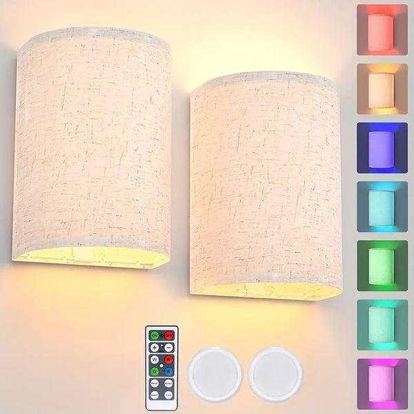 Aplique de pared inalámbrico magnético de 2 piezas, iluminación decorativa, aplique de pared recargable con batería con pantalla de tela y control remoto, lámpara de pared regulable cambiable de 16 colores RGBW