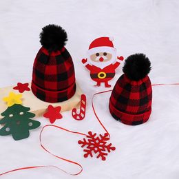 2PC Set Moeder Baby Muts Winter Gebreide Hoeden Rood Zwart Grid Ouder-Kind Hoed Zwarte Bontbal Op Top Houd Warm XMS Hats