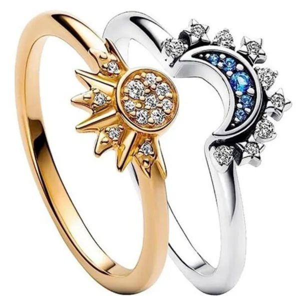 2pc / set Summer Couple Ring Set Sky Blue Sparkling Moon and Sun Ring 2023 Nouveaux bijoux de fiançailles à doigts empilables pour femmes