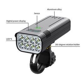 2pcs 10000mAh Bike Light USB RECHARGable 5000lm Bike Headlight 8 * LED Super Bright Flomb Lampe avant Affaits Bicycle Accessoires