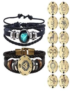 2 piezas 12 pulsera de constelación signo del zodiaco brazalete de cuero trenzado negro Aries Leo Libra joyería de cúpula luminosa pulsera de hombre Punk 2342000