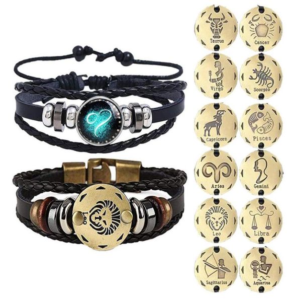 2 piezas 12 pulsador de constelación letrero zodiaco de cuero trenzado aries leo libra luminoso domo joya punk hombres brazalete2540837