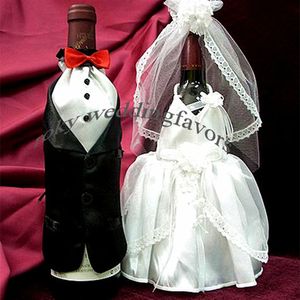 2 pièces = 1 paire robe de mariée robe smoking bouteille de vin couvre Satin dentelle Champagne bouteille porter grande bouteille couverture fête