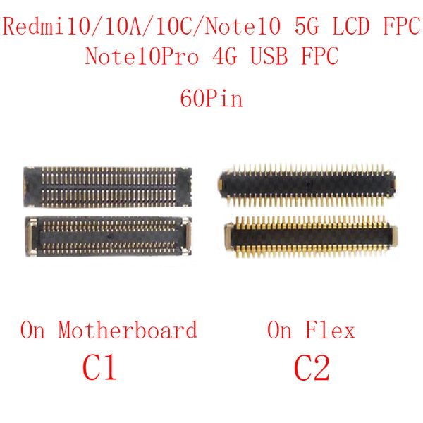 2pcs 30 40 50 60 broches écran LCD Batterie de charge USB Connecteur FPC à bord pour Xiaomi Redmi 10 / 10A / 10C / Note 10 Pro 4G / Note10 5G