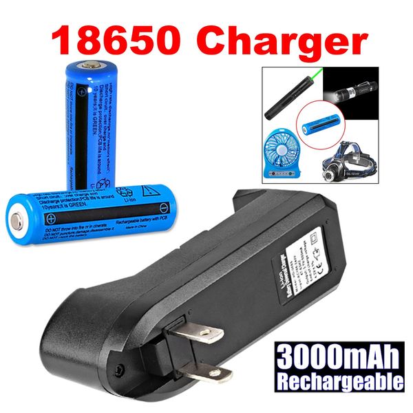 2 batteries Li-ion rechargeables 3000mAh 18650 3.7V BRC, pour lampe de poche, torche, stylo Laser + 1x chargeur universel