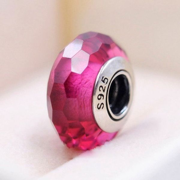 2 uds 925 cuentas de cristal de Murano facetadas de color rosa oscuro fascinantes que se ajustan al collar de pulseras con dijes de joyería de estilo Pandora