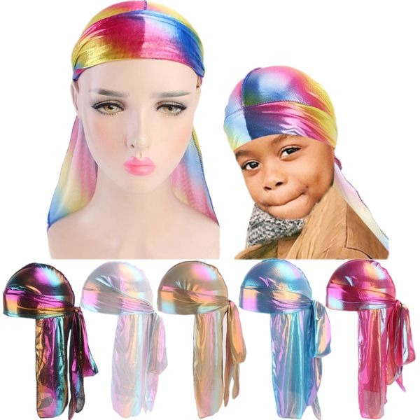 2 pièces adultes enfants Durag Laser longue queue casquette unisexe enfant perruques Doo Rag Bandana Turban motard bandeau chimio casquette Pirate chapeau hommes femmes