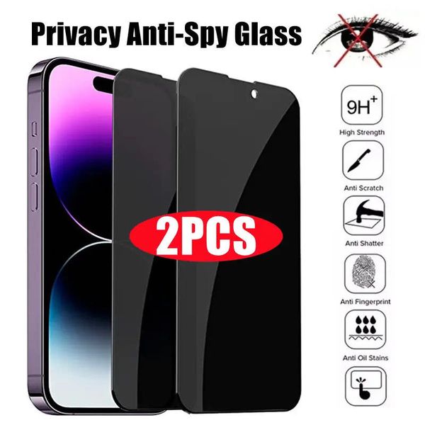 Protecteur d'écran de confidentialité en verre trempé Anti-espion, 2 pièces, pour iPhone 15 14 13 12 11 Pro Max Plus, verre à couverture complète