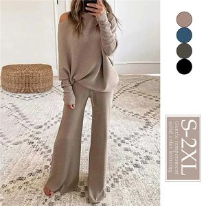 2 pièces automne hiver pantalon costumes femmes tenues tricoté pull épaules nues haut large jambe pantalon deux pièces ensemble survêtements 240202