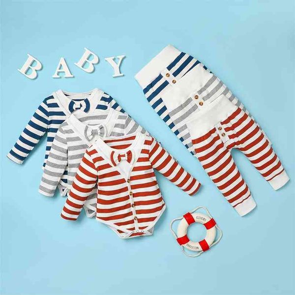 2 unids Baby Boy Casual Stripes Conjuntos de manga larga Romper Ropa infantil Trajes para 210528