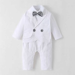 2 unids bebé niño ropa de caballero blanco nacido bautizo traje de boda niños pequeños boutique ropa infantil mamelucos + abrigo 210615