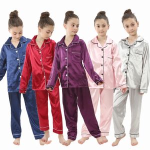 2pcs Baby Bird Birs Pajamas Kids Silk Satin Top Manga larga Sólido Buttardown Pajamas Set Nightgown Child Sleepwear 240430