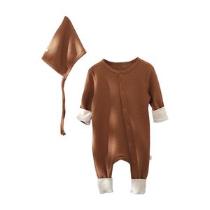 2 pièces bébé garçons barboteuse et chapeau coton à manches longues solide nouveau-né combinaison vêtements pour bébés printemps automne nouveau-né bébé garçon vêtements