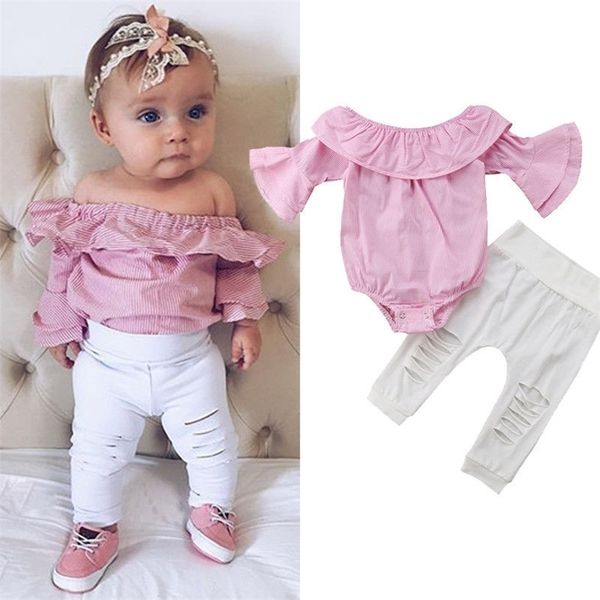 2 pièces, ensemble de vêtements pour bébés filles, barboteuse à épaules dénudées, pantalon en jean déchiré blanc, tenues roses pour nourrissons, ensembles de vêtements nés 220607