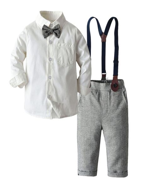 Ensemble de vêtements pour bébés, 2 pièces, vêtements pour enfants, ensembles d'automne pour garçons, manches longues, costumes pour hommes, chemises blanches, pantalons à bretelles, 7004267