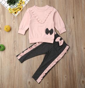 2 stks babymeisje outfit kleding sets met lange mouwen roze ruche bowknot sweatshirt broek peuter kindkleding set1121870