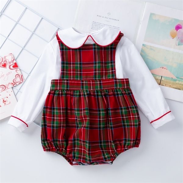 2pcs bébé fille barboteuses vêtements ensembles col claudine plaid couleur mélangée imprimé hauts à manches longues + combinaison pour enfants costume décontracté 220326