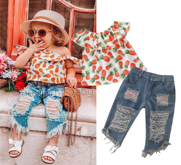 2pcs Baby Girls Toddler Pineapple Clothes Kids Off Bops Tops Ripped Denim Shorts Tenues Set A8239429634