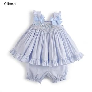 2 stuks baby Spaanse kleding set meisjes handgesmokte jurk met bloeier zomer peuter zonnejurk smokwerk borduurwerk katoenen jurken 240127