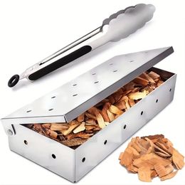 2 pièces, boîte de fumoir pour barbecue avec ensemble de pinces à barbecue, pinces alimentaires, boîte de fumoir à copeaux de bois en acier inoxydable, boîte à fumée de barbecue, accessoires de saveur de fumée infusée à la viande, outils de cuisine