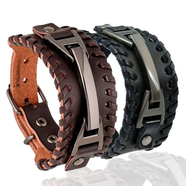 2 pièces noir marron bracelet en cuir véritable Punk Rock n Roll unisexe femmes personnalisé personnalisé large poignet ceinture Wrap hommes manchette bracelet bracelet réglable