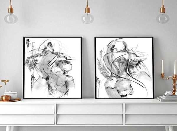 2 piezas de pintura al óleo de lienzo blanco y negro, imágenes abstractas sexis de mujeres y hombres, impresión minimalista, decoración del hogar para dormitorio, arte de pared impreso No 4849810