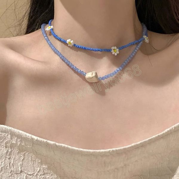 2 pièces bohême bleu perlé colliers ras du cou pierre naturelle charme à facettes cristal à la main tissé fleurs colliers bijoux de mode