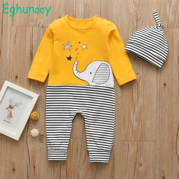 2pcs né bébé garçons filles dessin animé éléphant imprimé barboteuse à manches longues combinaison + chapeau vêtements pour bébés ensemble vêtements pour tout-petits tenues 211011