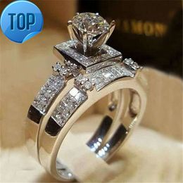 2 stuks bruidsset elegante ringen voor vrouwen zilveren kleur bruiloft verlovingsmode-sieraden met volledige glanzende zirkoon vrouwelijke ring