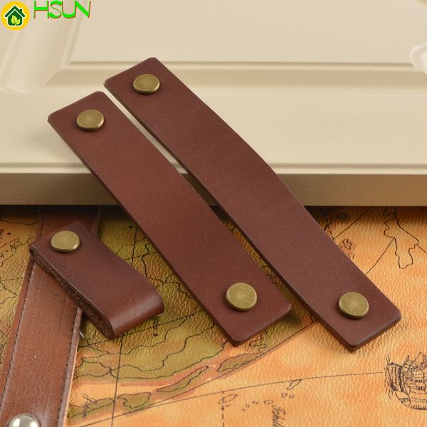 2 pièces poignées d'armoire en cuir commode tiroir boutons tire poignée de porte brun Bronze/or/argent cuisine tire bouton