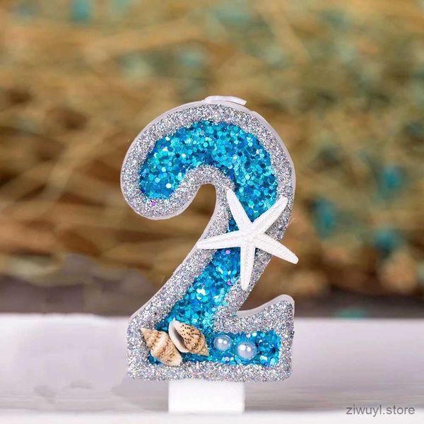 2 UNIDS Velas Vela Azul Cumpleaños de Los Niños Lentejuelas Estrella de Mar Número Cake Topper Baby Shower Un Año de Edad Cupcake Suministros para Hornear Decoraciones